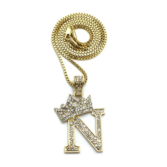 Stone Stud Allover Tilted Crown Initial N Pendant w/ 2mm 24" Box Chain Necklace, Gold-Tone