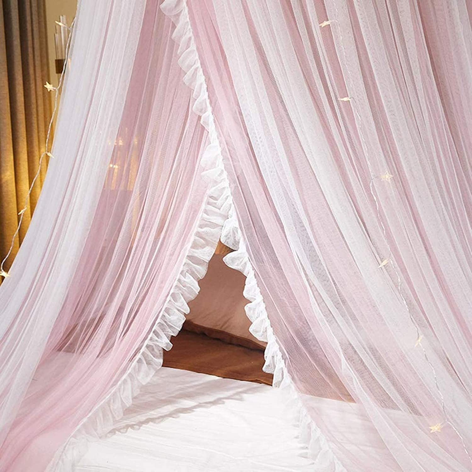 Bed Canopy Princess for Girls,Bed Canopy Curtain Double Layer Sheer Mesh Dome Bed Curtain- Round Lace Princess Mosquito Net Tent for Twin Full Queen King Bed(Pink/White)