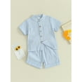 thumbnail image 3 of FEORJGP Kids Boys Summer Linen Outfits Toddler Short Sleeve Shirt Solid Color T-Shirt Buttons Tops and Elastic Waist Shorts Infant Baby 2Pcs Loose Casual Daily Clothes Set, 3 of 9