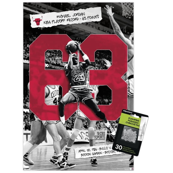 Michael Jordan - NBA Playoffs Single Game Scoring Record Wall Poster with Push Pins, 14.725" x 22.375"