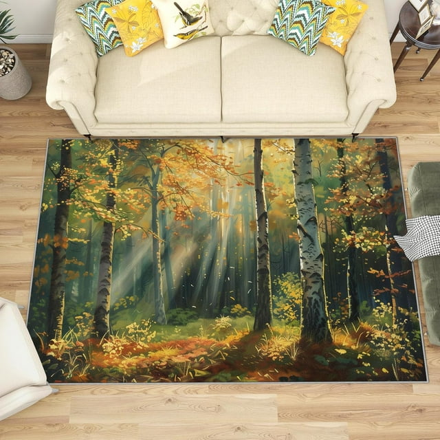 4x5 Rug, Birch Tree Rug Washable Non Slip Soft for Living Room Bedroom, Forest Nature Landscape Area Rug, Plant Carpet, Birch Tree Home Decor & Gifts