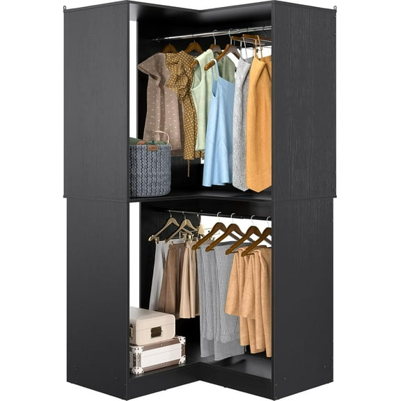 Armocity Corner Closet System, 32 Inches Wide Wood Corner Unit with 2 Hanging Rods and All Hardware Kits, 3-Tier 80'' Height Corner Wood Closet Tower, Black