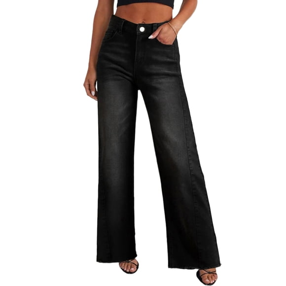Pantalones PRETTYGARDEN Pierna Ancha Tiro Alto Desflecados Negro 4