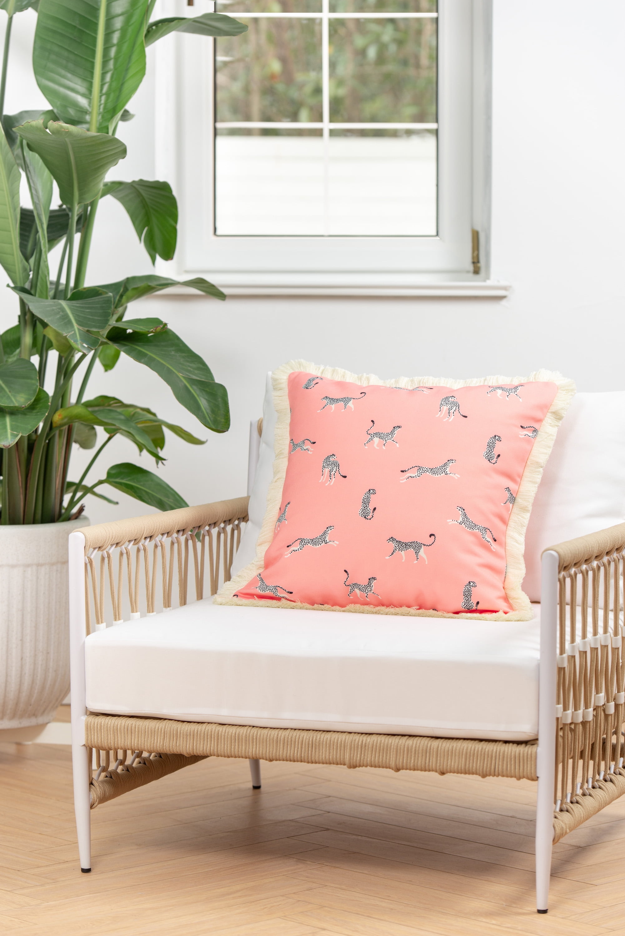 Hofdeco Premium Tropical Patio Indoor Outdoor Pillow Cover Only, 20"x20" Water Resistant for Backyard, Couch, Pink Leopard Fringe