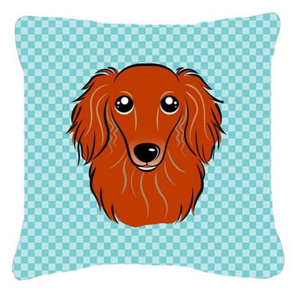 Checkerboard Blue Longhair Red Dachshund Fabric Decorative Pillow