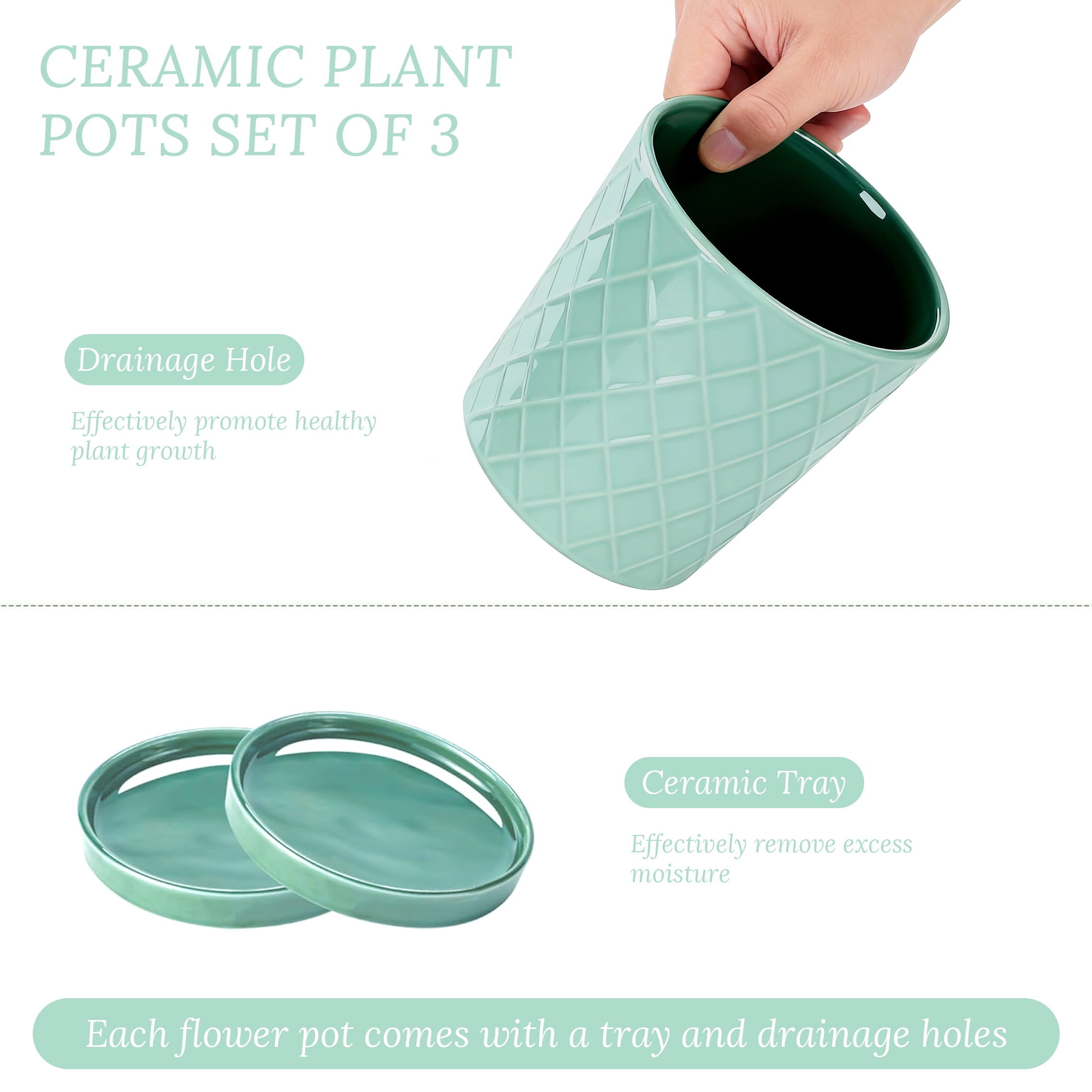 BUYMAX Plant Pots Indoor –6 inch Ceramic Flower Pot with Drainage Hole and Ceramic Tray - Gardening Home Desktop Office Windowsill Decoration, Set of 2(Green)Same pattern