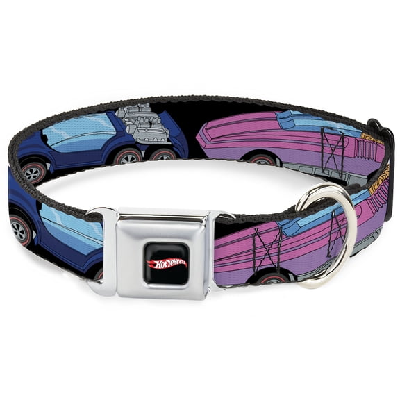 Mattel Pet Collar, Dog Collar Metal Seatbelt Buckle, Hot Wheels Logo and Four Cars Close Up Black, 9.5 to 13 Inches 1.0 Inch Wide