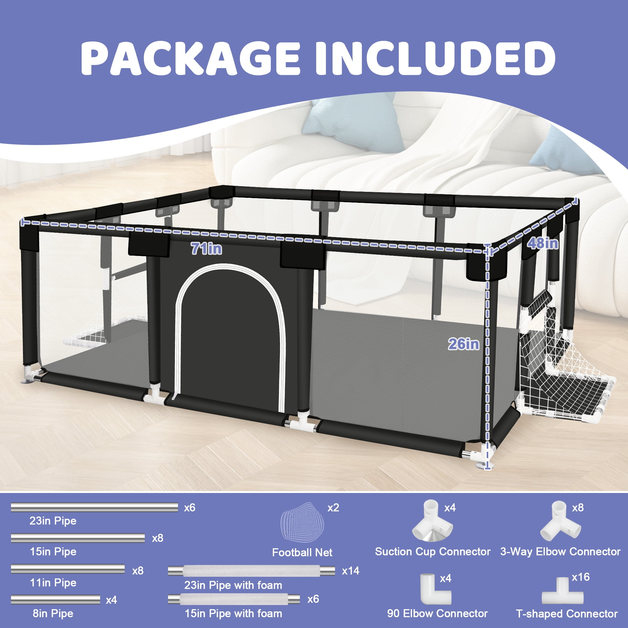 Baby Playpen, HDJ 71 inch Extra Large Baby Play Yard with Soft Breathable Mesh, Play Fence for Infant and Toddlers, Anti-Slip Base, Black