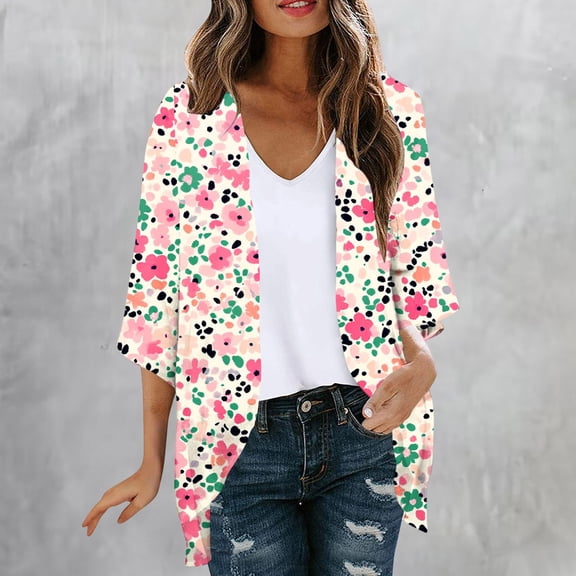 AGWOLF Womens Open Front Cardigan Lightweight Floral Print Chiffon Cardigans 3/4 Sleeve Floral Kimono Cardigan Beach Cover Up L