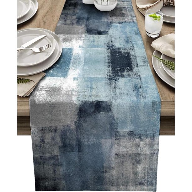 Dusty Blue Table Runner 36 inches Long Small Grey Abstract Art Modern