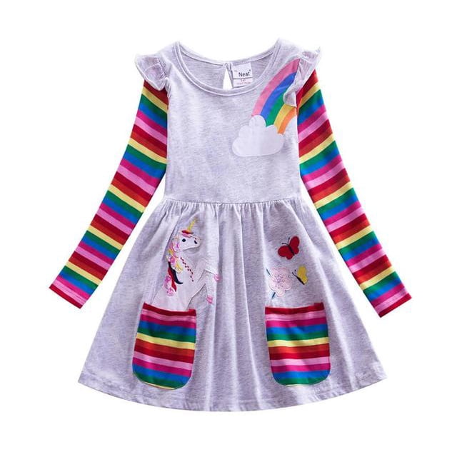 AAMILIFE Unicorn Robe d'Automne à Manches Longues pour Filles Nouvelle Robe en Coton Brodée pour Enfants Robe à Fleurs Col Rond