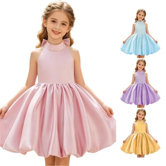 JAJAHO Flower Girl Satin Dress Bow Backless Design Sleeveless High Neck Puffy Ball Gown For Wedding Birthday Party 4-9Y