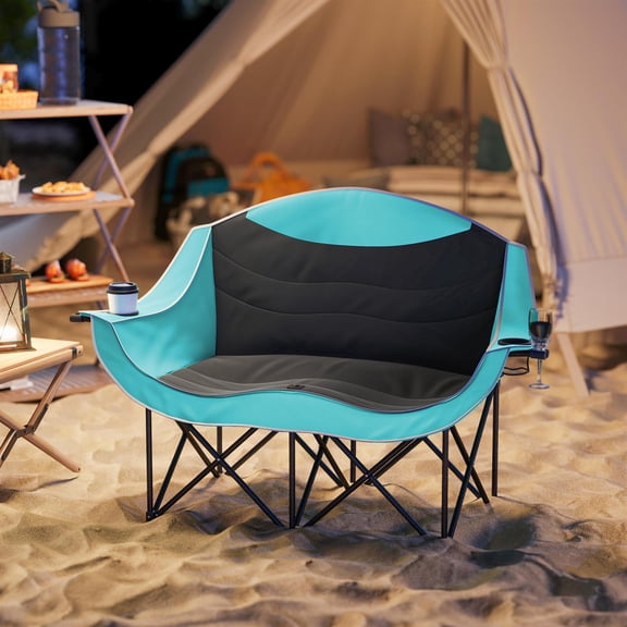 Demifill Padded Folding Double Camp Chair for Adults - Green, With Armrests, Cup Holders & Carry Bag for Outdoor Use