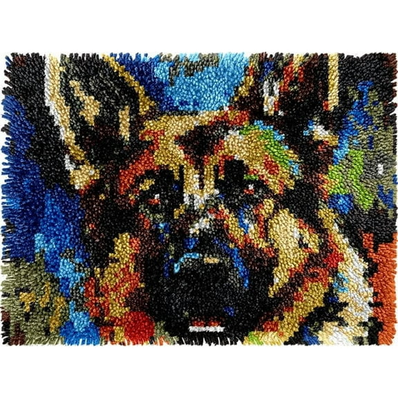 German Shepherd Latch Hook Kits Rug DIY Cushion Tapestry Making Crochet Hook Mat Making Kits Color Preprinted Pattern Canvas DIY Carpet Needlework Crochet Kits 52x38cm (AG11-110)