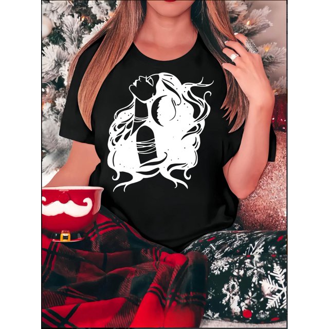 Camiseta gráfica informal para mujer: manga corta, algodón suave, cuello redondo, lavable a máquina, blanca con estampado de retrato en negro, cómoda camiseta de verano para uso informal, camisetas pa