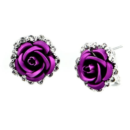 Red Flower Earrings - 1 Pair Fashion Alloy Crystal Rhinestone Ear Stud Earrings for Women Girl Rose Flower Red Blue Optional Gift Party Wedding Jewelry Accessories Charming Luxury