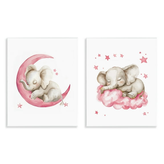 Stupell Industries Pink Sleepy Elephant Animals Painting Unframed Art Print Wall Art, 11 x 14, Set of 2