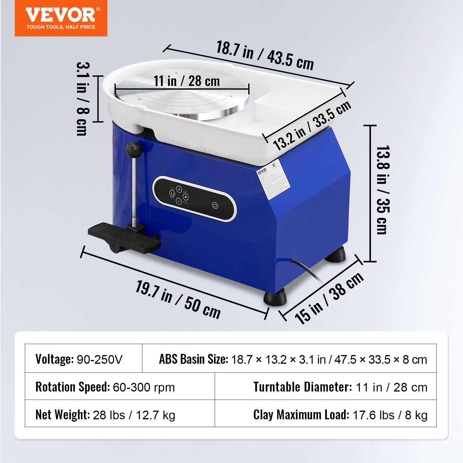 VEVOR Pottery Wheel, 450W, For Adults and Beginners, 11in Clay Wheel Machine,&nbsp; Adjustable 60-300RPM Speed Handle and Pedal, ABS Detachable Basin, Accessory Kit for Craft DIY, LCD Touch Screen