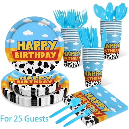 Neasyth Toy inspired Birthday Party Supplies Cow Print Story Party Decorations Plates and Napkins Tableware Set for 25 Guests