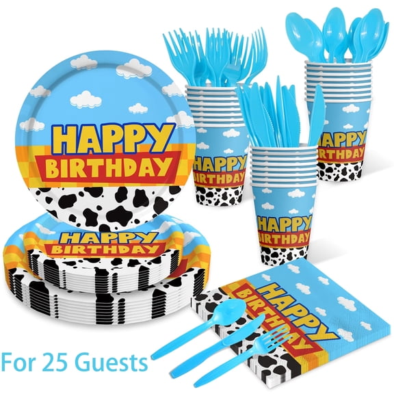Neasyth Toy inspired Birthday Party Supplies Cow Print Story Party Decorations Plates and Napkins Tableware Set for 25 Guests