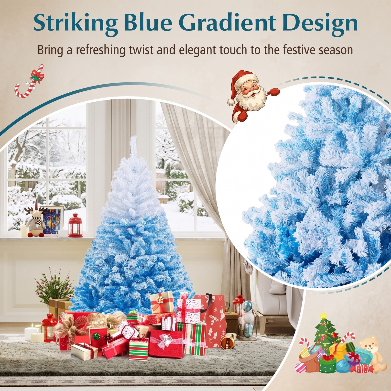 RUIE 5FT Artificial Christmas Tree, 456 Branch Tips Snow-Flocked Gradient Pine Xmas Tree with Folding Metal Stand for Home Office Holiday Decor, White & Blue