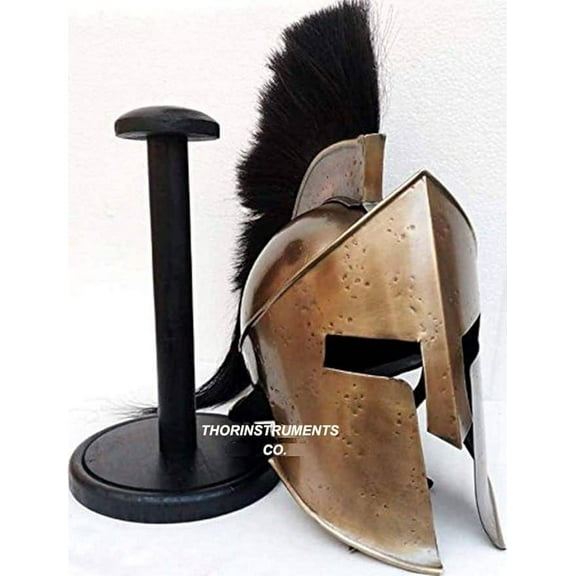 Medieval Armour King Leonidas Greek Spartan 300 Roman Helmet with Black Wooden Stand Black Plume Rustic Vintage Home Decor Gifts