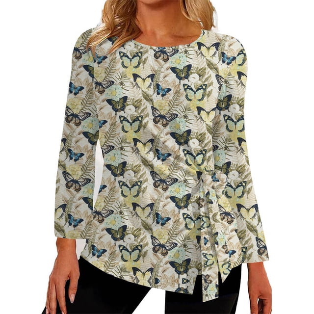 Gibobby Playeras Mujer Top casual de manga larga con cuello redondo y estampado floral de otoño/invierno para mujer(Beige, XL)