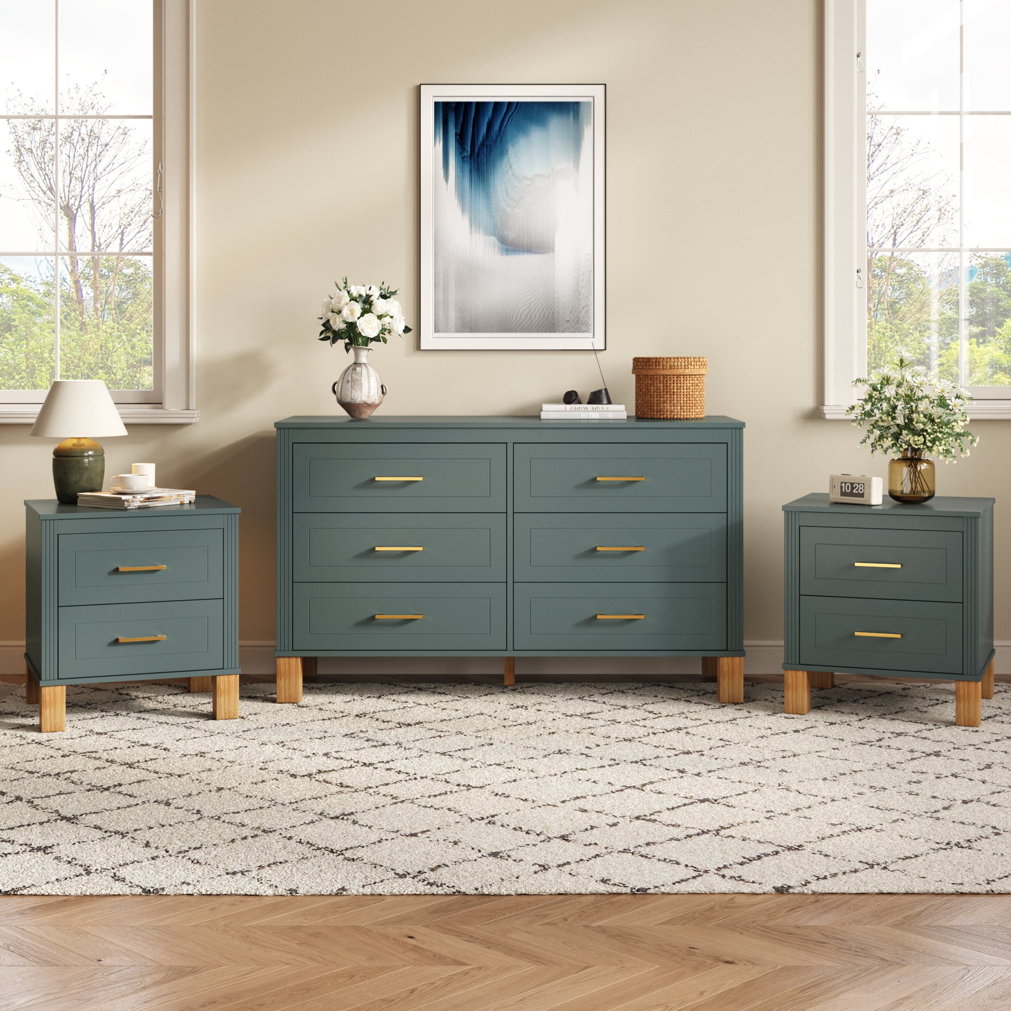 2 Drawer Nightstand, Fluted Design Bedside Table with Solid Wood Legs & Metal Handles, MDF Frame Storage Cabinet, Tall End Table for Bedroom Living Room