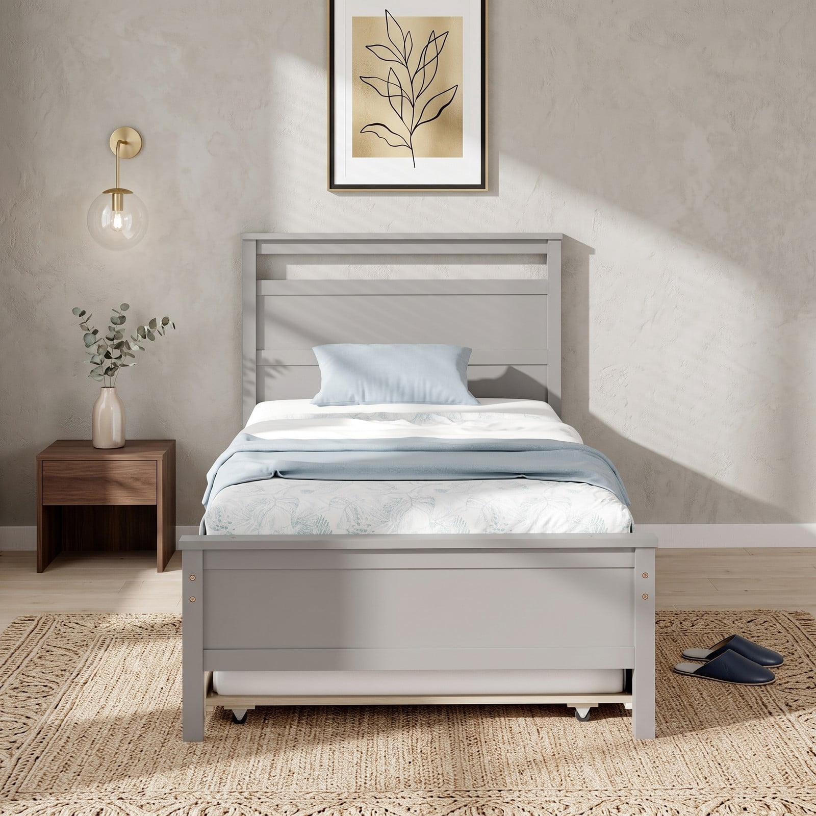 Furnibear Twin Bed Frame with Trundle, Wooden Platform Bed with Roll-Out Trundle and Plank Headboard, No Box Spring Needed, Gray