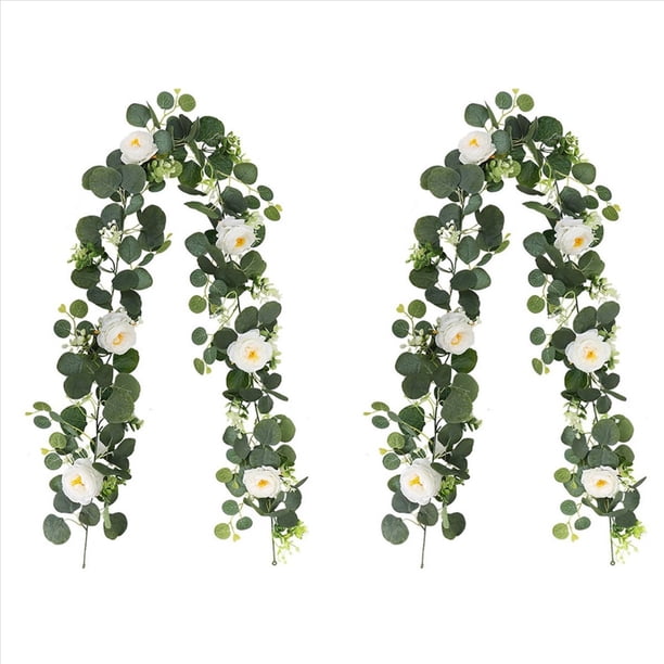2X Guirnalda de Eucalipto y Flores Colgantes de Hojas de Eucalipto Artificiales para de Fondo de Boda
