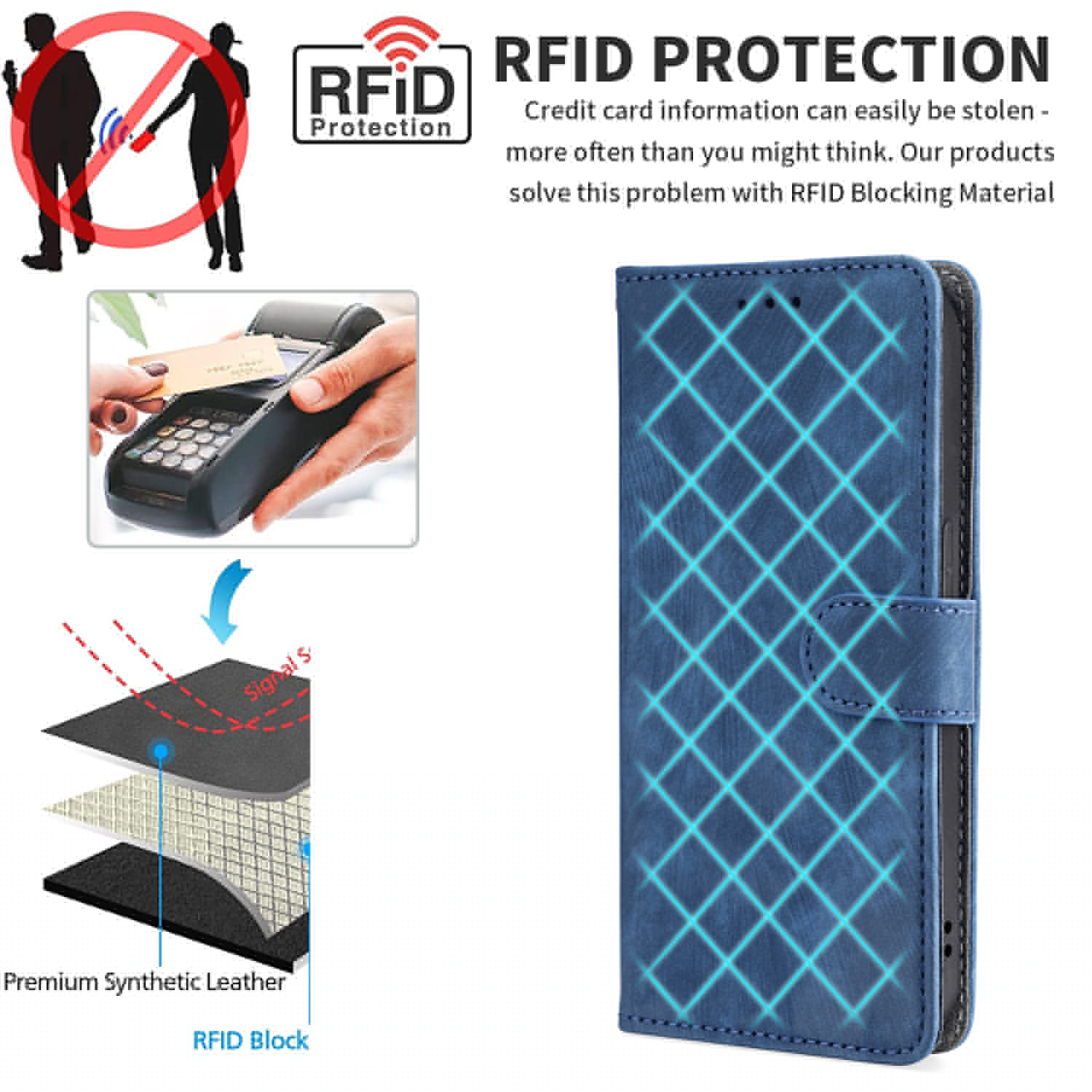 thumbnail image 2 of for iPhone 16 Plus Wallet Case with RFID Blocking Credit Card Holder, PU Leather Wrist Strap Flip Kickstand Shockproof Cover Women Men for iPhone 16 Plus, Blue, 2 of 5