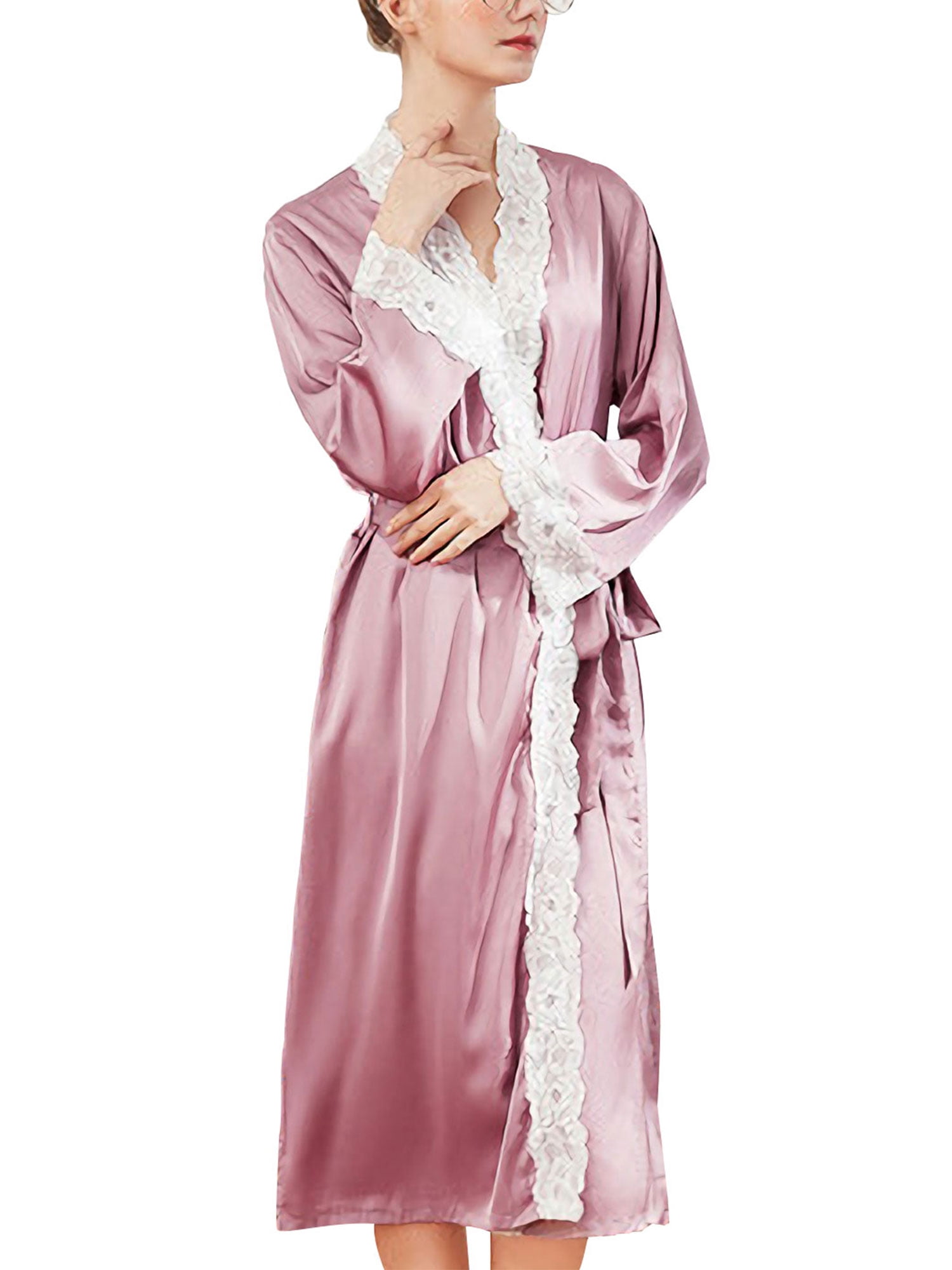 Womens Satin Robes Pure Color Long Kimono Bathrobes Soft Nightgown with Lace Sleeve