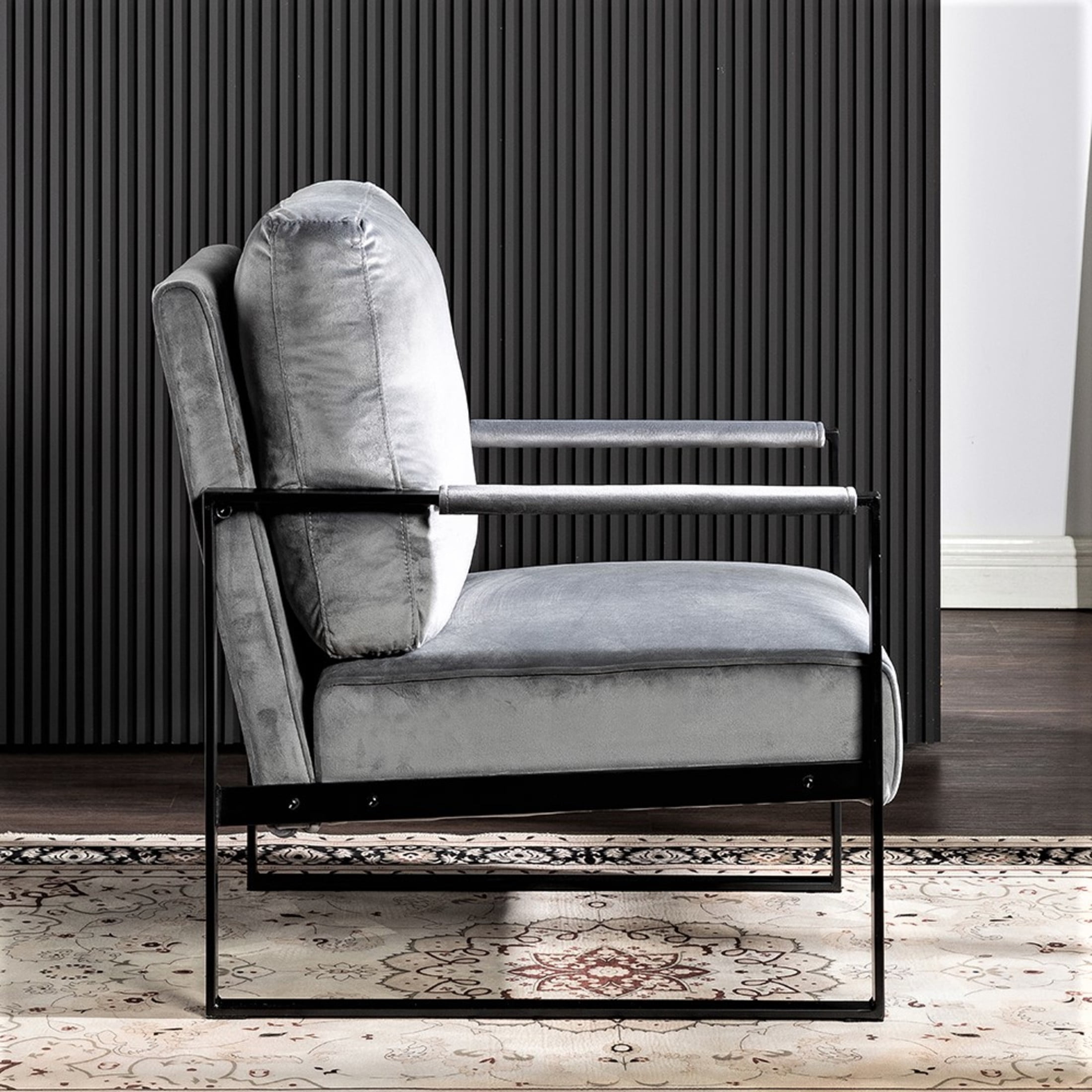 GDF Studio 25.4" Mid-Century Modern Accent Chair with Square Metal Frame, Velvet Upholstery, Gray