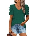 thumbnail image 3 of Blusa de manga corta de color liso, blusa de manga corta con cuello en V y manga abombada para mujer, grado profesional, 3 of 3