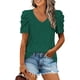thumbnail image 1 of Blusa de manga corta con cuello en V para mujer, blusa informal holgada de moda con manga abombada de Color liso para oficina, 1 of 3