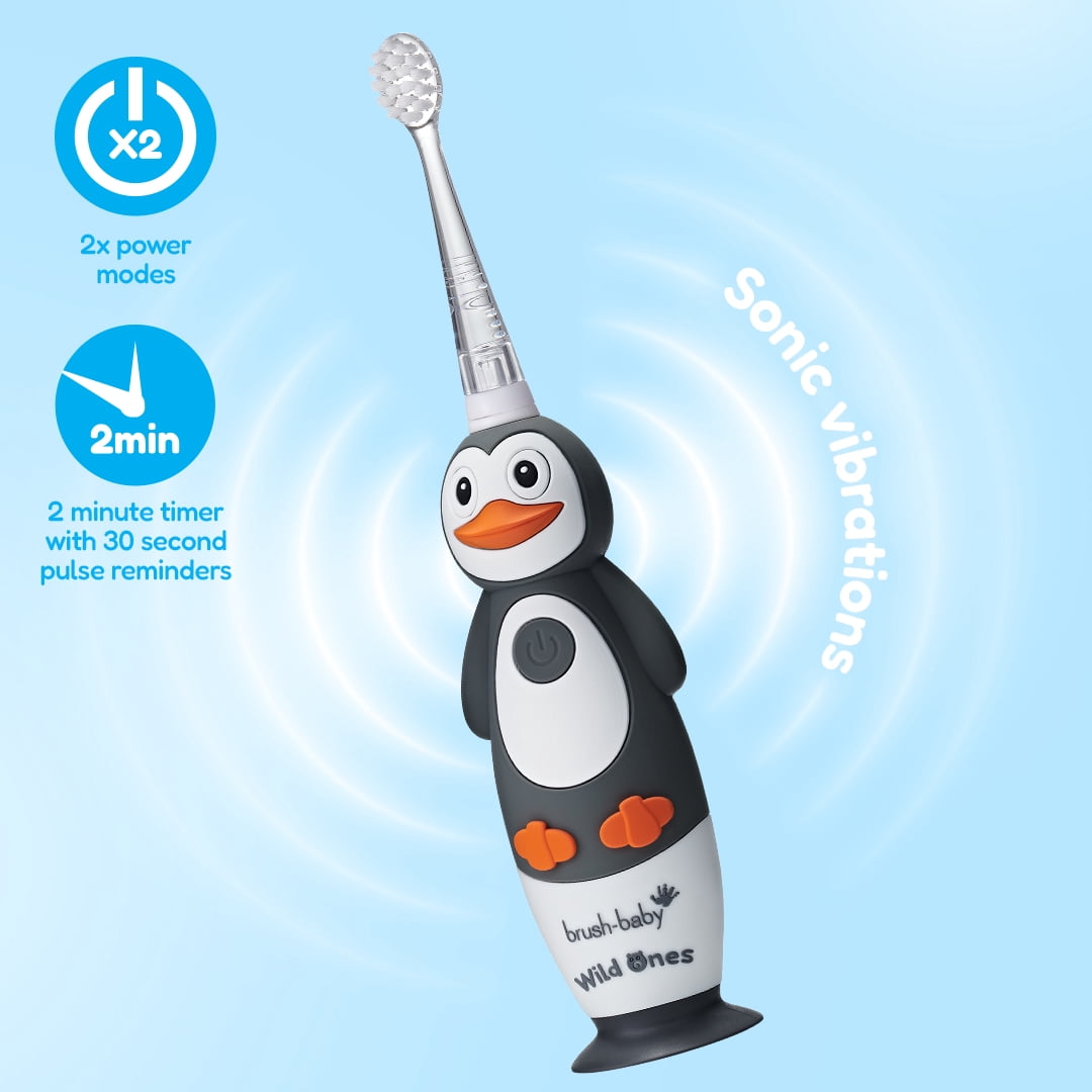 Brush-Baby WildOnes Kids Electric Toothbrush, Penguin Design, 2-Min Timer, 3 Brush Heads, Soft Bristles, Ages 0-10