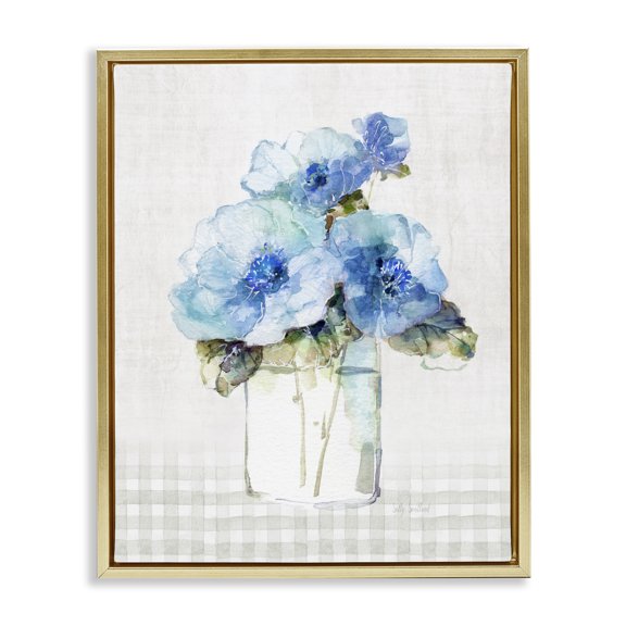 Stupell Industries French Country Plaid Blue Flowers Gold Floating Frame Canvas Art, 25 x 31, by Sally Swatland