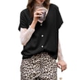 thumbnail image 2 of Women Short Sleeve Knitted Button Up V Neck Casual Sweater Top, 2 of 4