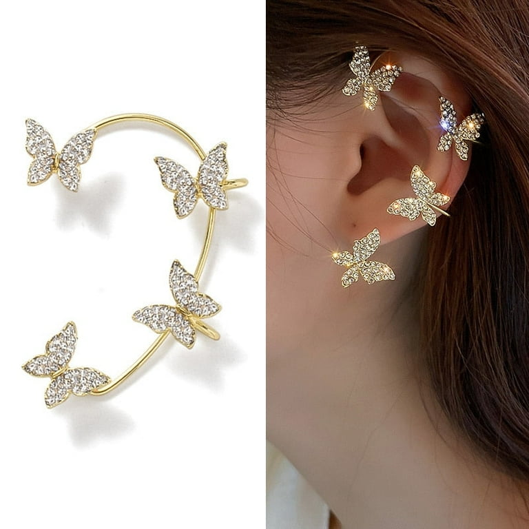 Crystal Butterfly Tassel Ear Cuff Earrings for Women/Girls in Gold and  Silver