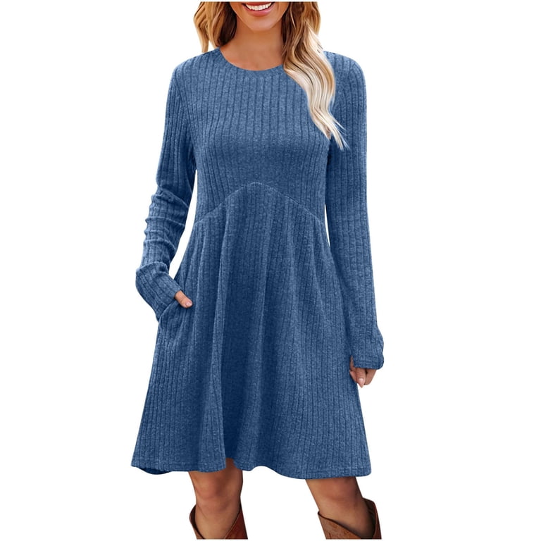 Rutainlusire Womens Long Sleeves Casual Trendy Dresses Women Solid Long Sleeve Knitted Strip Dress Crew Neck Empire Waist Tunic Dress With Pockets, Rutainlusire Womens Long Sleeves Casual Trendy Dresses Women Solid Long Sleeve Knitted Strip Dress Crew Neck Empire Waist Tunic Dress With Pockets,