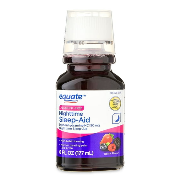 Equate Alcohol-Free Nighttime Sleep Aid Diphenhydramine 50 mg Liquid, Mixed Berry Flavor, 6 fl oz, Compare to VICKS® ZzzQuil ®Nighttime Sleep-Aid Active Ingredient