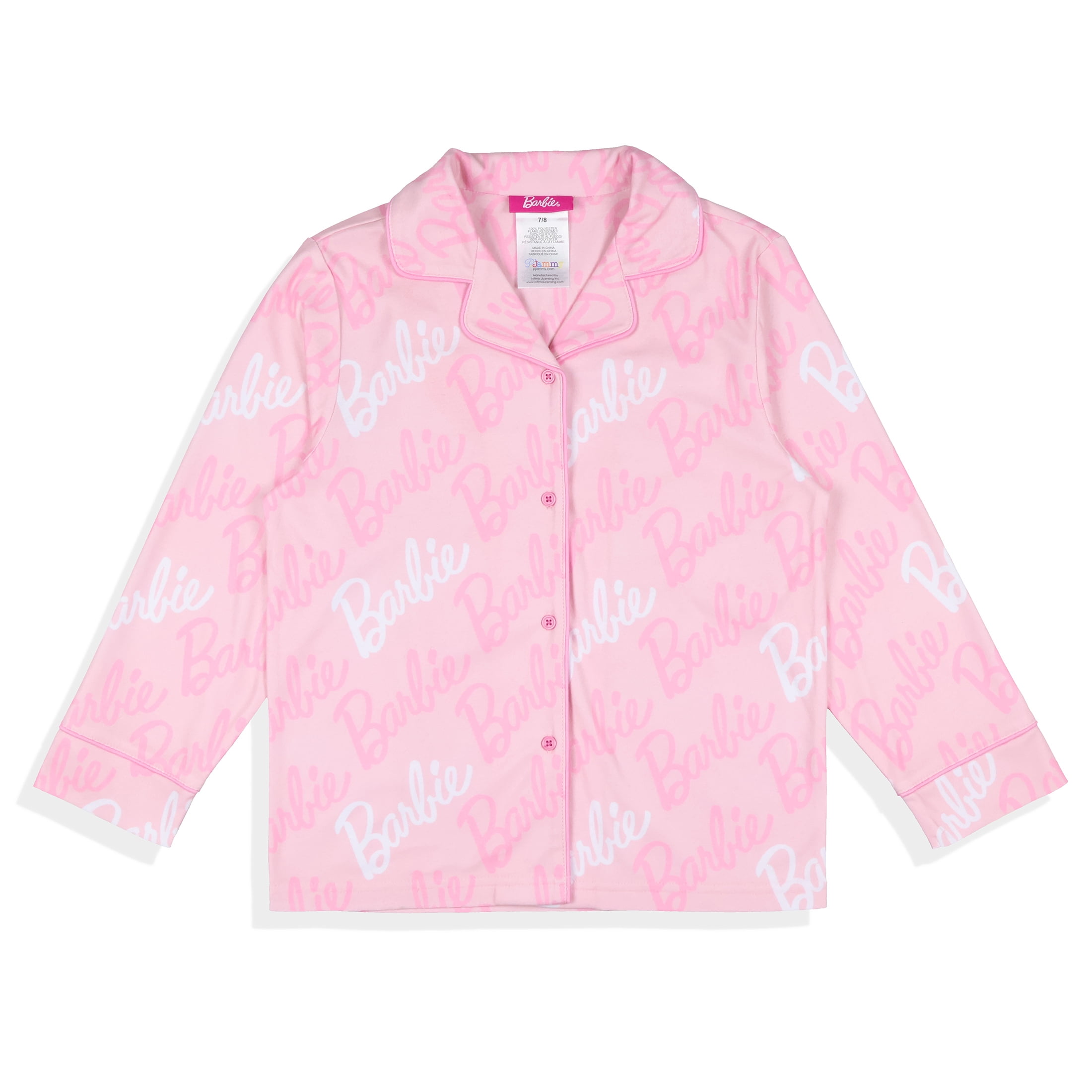 Barbie Pajama Girls' Barbie Logo Button Front Long Sleeve Shirt and Pant 2 Piece Set Sleepwear