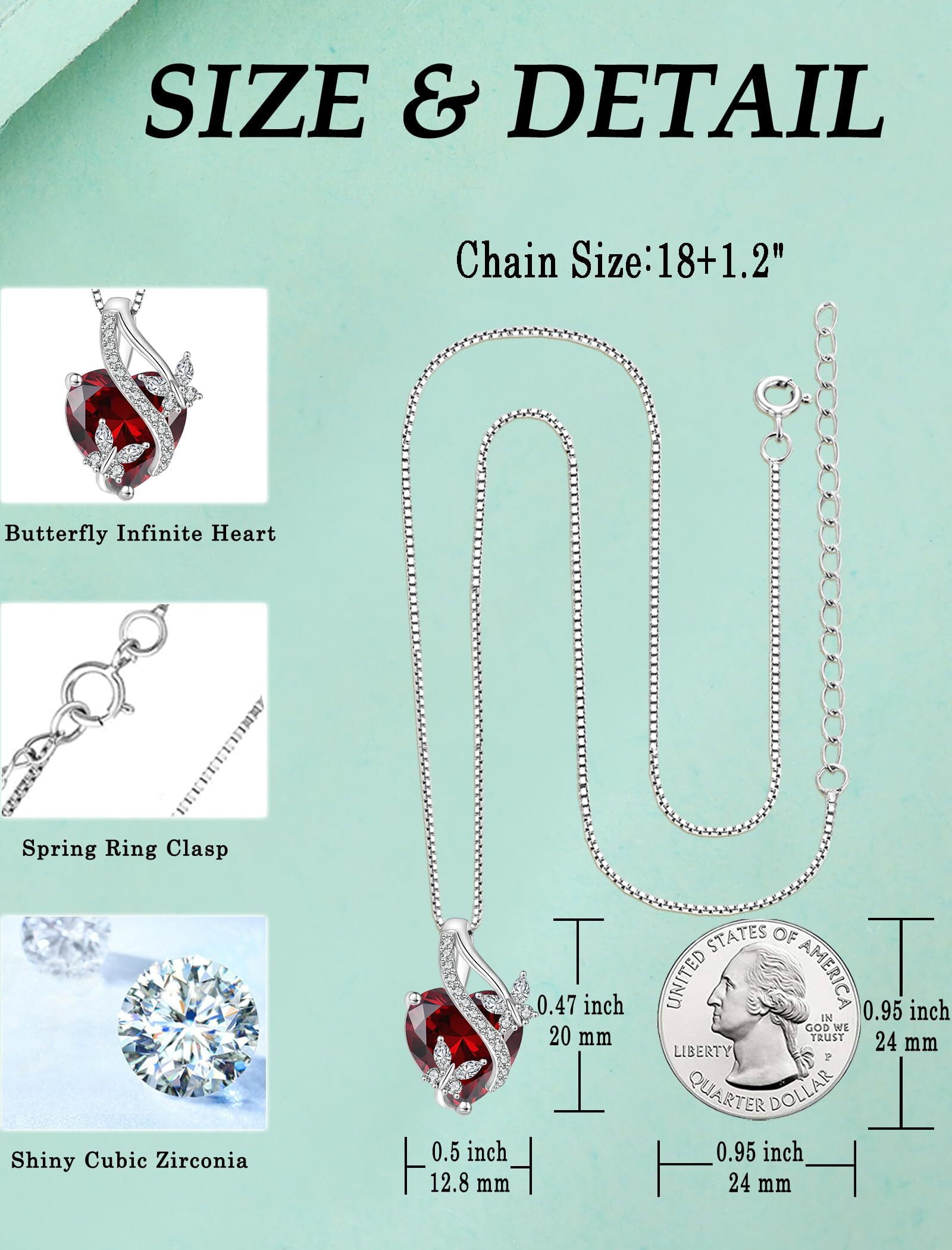 VESITIM Infinite Heart Pendant Sterling Silver Butterfly Necklace for Women Jewelry Gift with Birthstone January Created Garnet