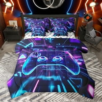 Homewish Cartoon Game Console Bedding Comforter Set 7pcs for Teen, Modern Boys Gaming Queen Bedding Sets, Video Gaming Gamepad Reversible Queen Sheet Sets, Lightweight Room Decor
