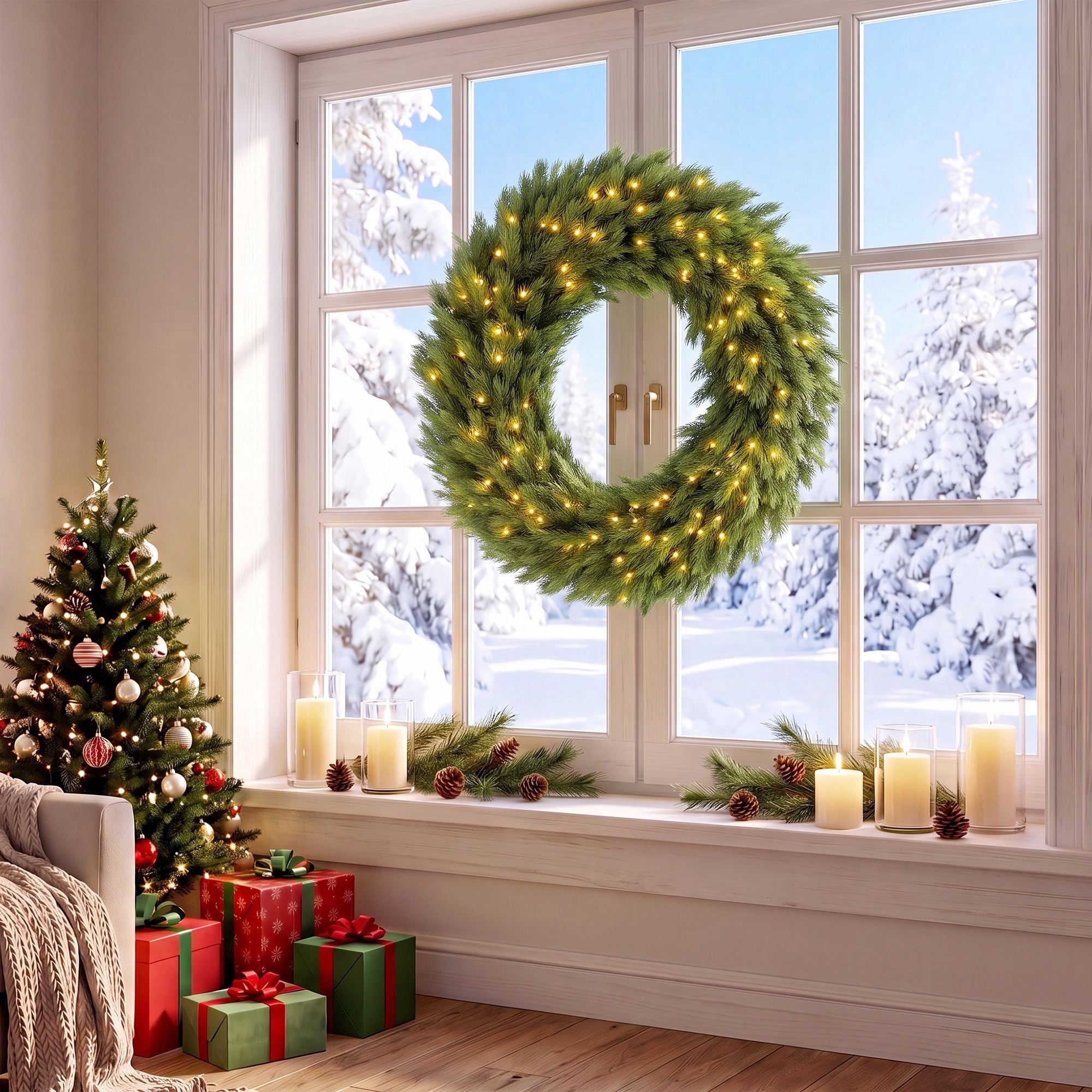Pre-Lit Artificial Christmas Wreath, 36 in Norwegian Spruce with 100 Warm White LED Lights, 450 Branch Tips, Indoor and Covered Outdoor Holiday Door Decor