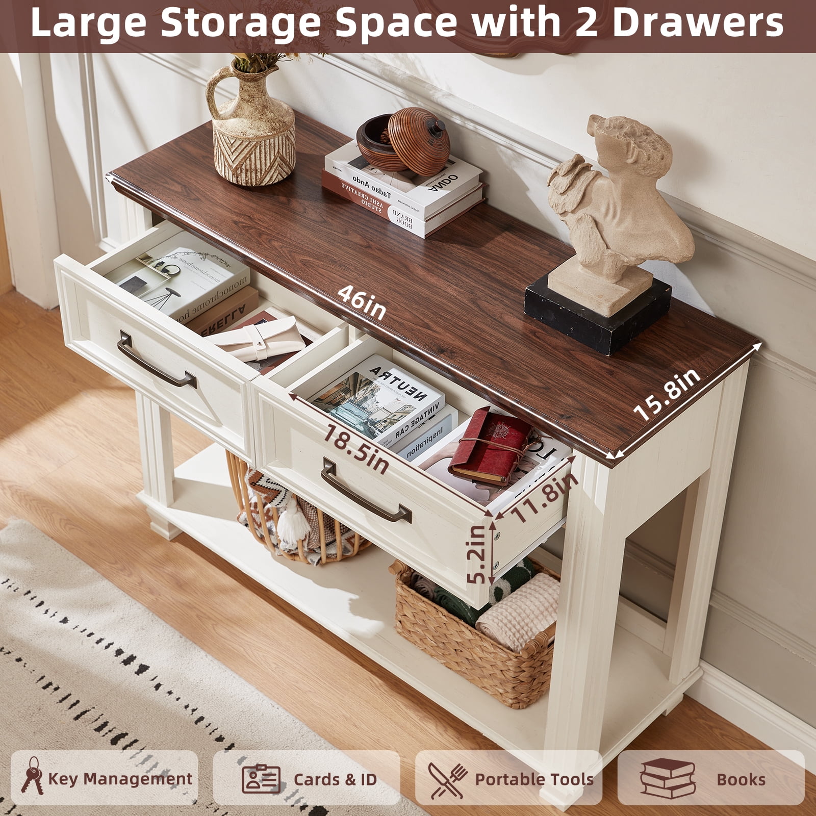 Buildhom 46" Farmhouse Console Table with 2 Drawers & Open Shelf, Rustic Wood Entryway Table for Living Room, White