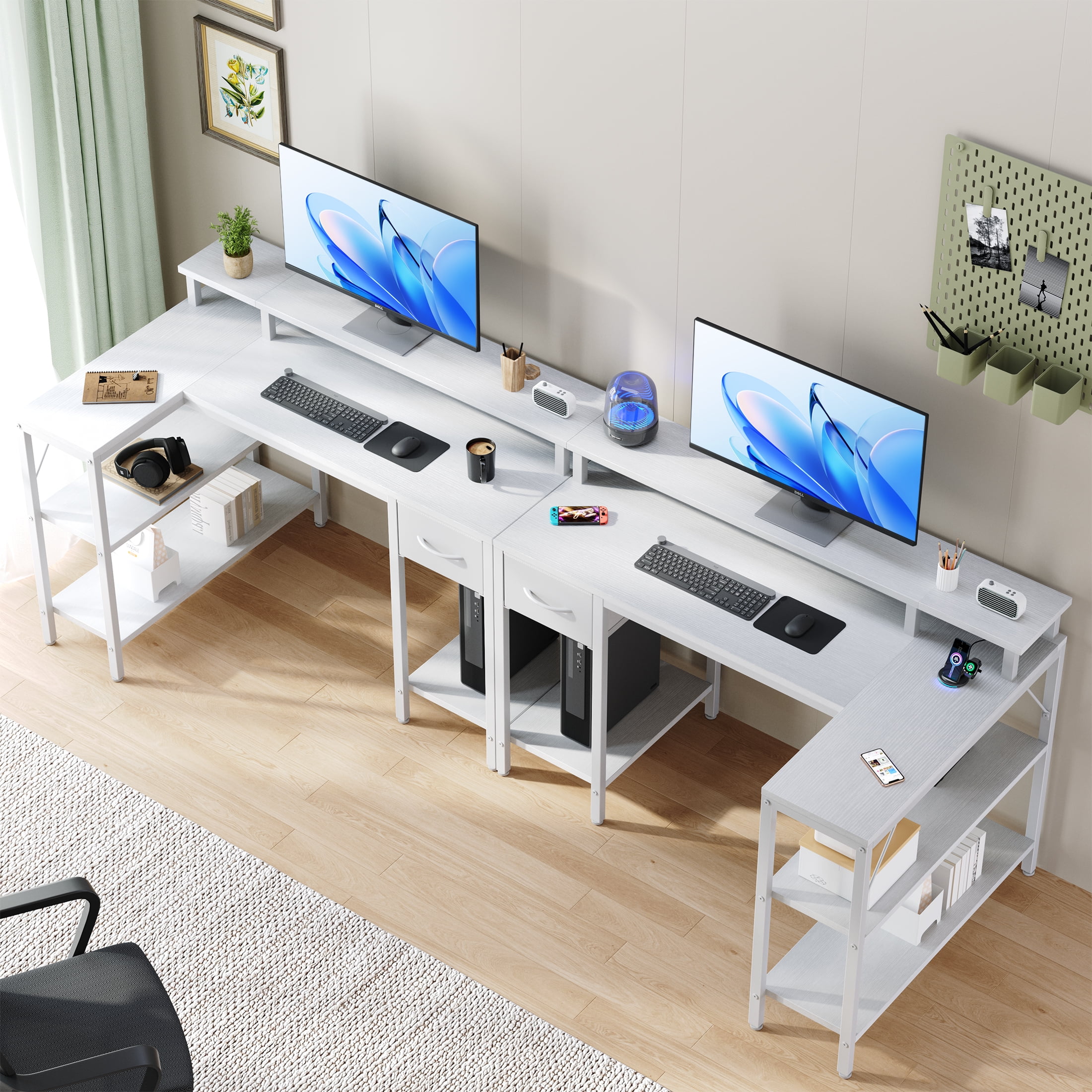 EDX 53 Inch L Shaped Gaming Desk with Power Outlet & LED Light, Reversible Computer Desk with Shelves & Monitor Stand, Corner Desk with Drawer for Home Office, White