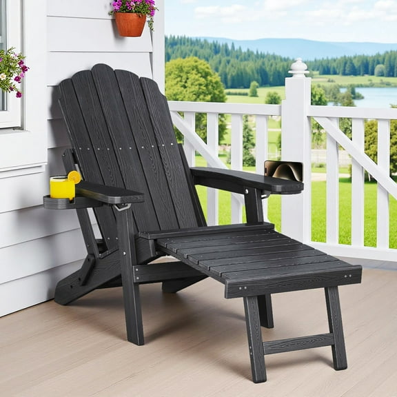 Lofka Folding Adjustable Adirondack Chair with Retractable Ottoman , HIPS Reclining Adirondack Chair with Cup Holder, Phone Holder and 4.9"Wide Armrests, Black