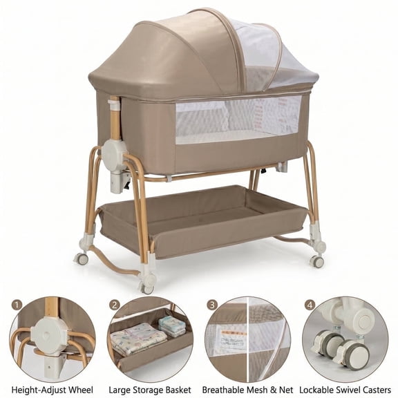 suihuooo 4-in-1 Rocking Baby Bassinet with Wheels and Storage Basket 7 Height Adjustable Mosquito Net for Newborn,Khaki