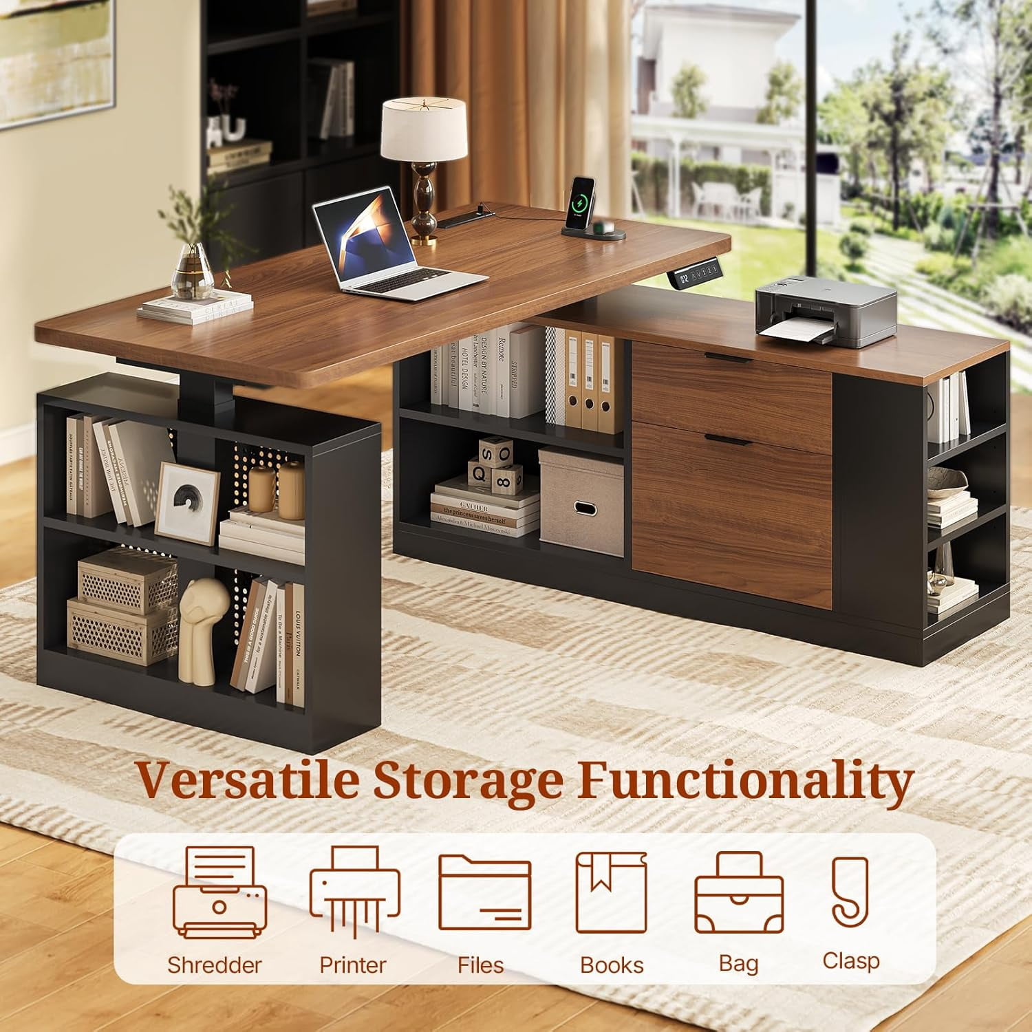 L Shaped Standing Desk, 53" Electric Office Desk with Power Outlets and File Drawers, Corner Computer Desk with Pegboard, Adjustable Height, Walnutu